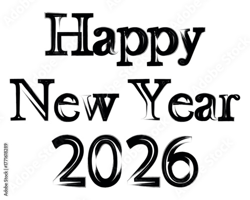 Happy New Year 2026 grunge-style vector typography with rough artistic texture and elegant serif typeface, combining festive celebration and modern design aesthetic for greeting or poster use