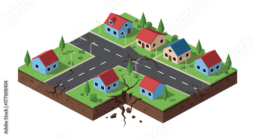 Isometric earthquake damage to suburban neighborhood with cracked roads and houses