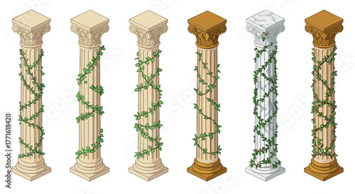Ancient greek columns with ivy vines in detailed isometric art