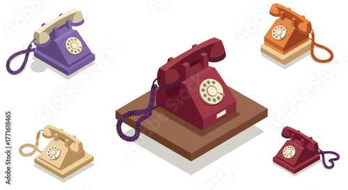Colorful retro rotary telephones in isometric style with separate views