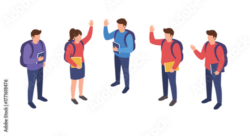 Isometric group of students waving with backpacks and books on white background