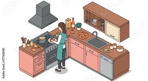 Woman cooking in isometric kitchen with modern appliances and wooden cabinets