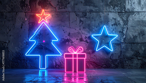 Neon outline of Christmas tree, stars and gift boxes