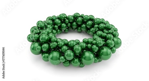 Abstract arrangement of shiny green spheres creating a festive, organic wreath shape