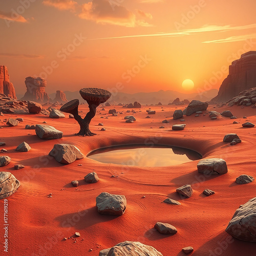 Minimalist Desert Oasis at Golden Hour