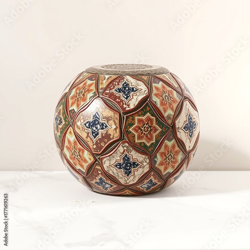 Ornate Spherical Ceramic Vase with Intricate Hand-Painted Geometric and Floral Motifs