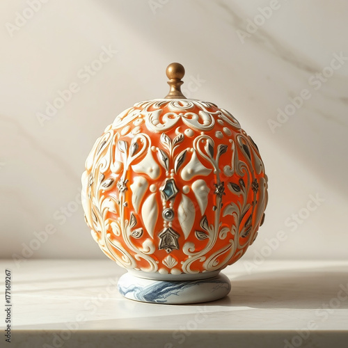 Ornate Orange and White Spherical Decorative Jar with Gold Finial