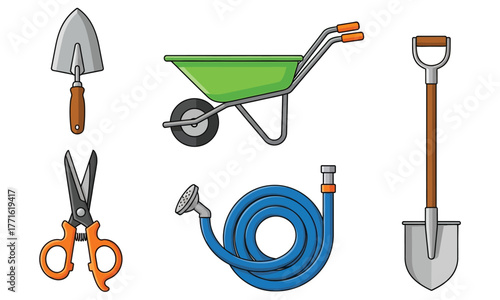 Gardening Tools Set Spade, Wheelbarrow, Hose, and Scissors