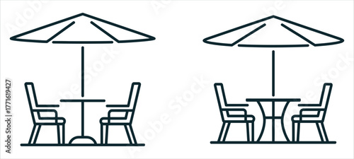 Elegant Terrace Cafe Line Vector Set. Features Outside Cafe Vintage Icon Signs and Cafe Logo Graphics. Perfect vector illustrator collection for Hospitality, Restaurant, Leisure, and Coffee Shop Brand