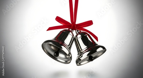 Elegant silver bells with festive red ribbon bow, perfect for holiday celebrations and New Year announcements