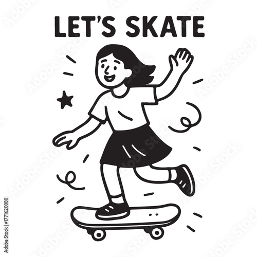 Energetic skater girl illustration with bold, playful lines, perfect for children's books, apparel, and fun brand designs, bringing youthful vibes and active energy