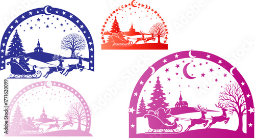 Four decorative arched panels depicting winter scenes with trees and stars