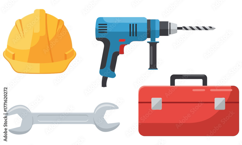 Fototapeta premium A collection of essential construction and repair tools including a hard hat, electric drill, wrench, and a red toolbox, isolated on a white background