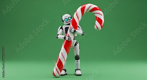 Futuristic robot charmingly carries giant candy cane, bringing holiday cheer and innovation to celebrations