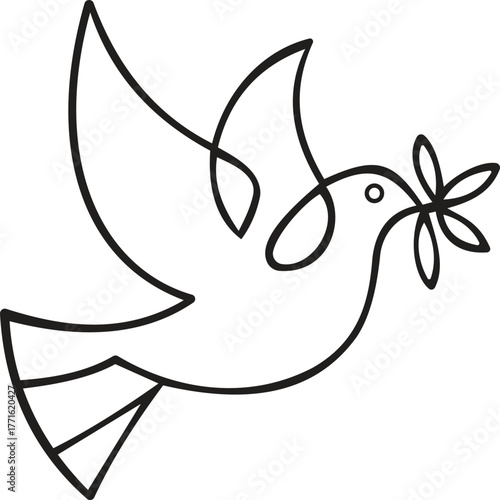 The image depicts a stylized dove in flight, characterized by its minimalistic design. The dove holds an olive branch in its beak, symbolizing peace and harmony. The lines are bold and clean, contribu