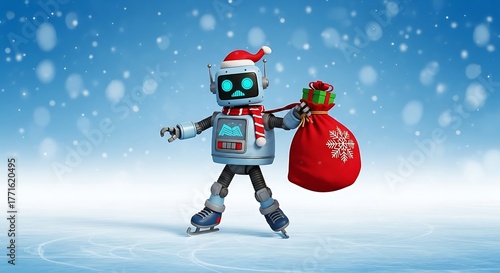 Joyful robot ice skating with Santa hat and gift sack brings holiday cheer