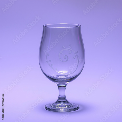 Elegant Clear Glass Goblet with Ornate Swirl Etching on Purple Background