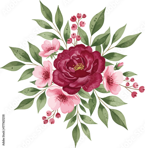 Romantic burgundy and pink rose bouquet floral design element