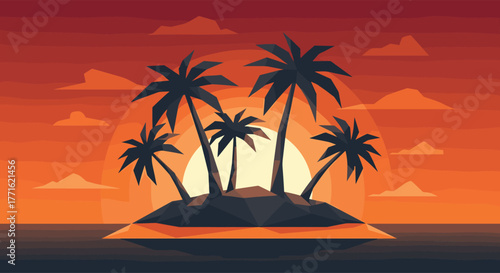 Retro Polygonal Tropical Island and Palm Tree Sunset Vector Illustration