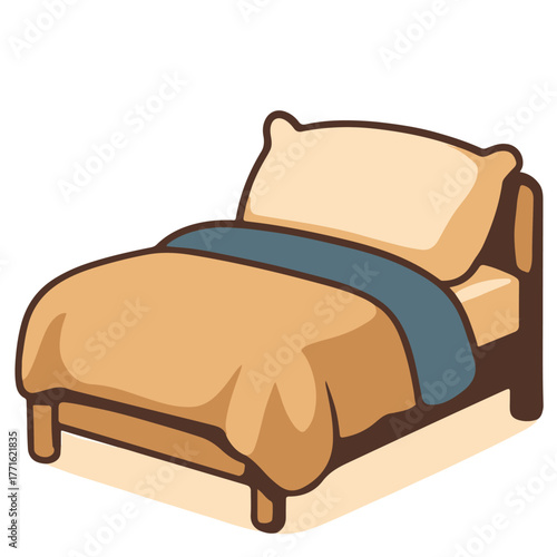 Cozy vector illustration of neatly made bed with pillow and blanket, minimalist home interior design