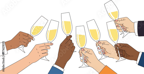 Hands of different skin tones clinking champagne glasses