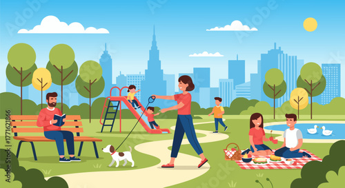 Family enjoying a day at the park with children playing and people relaxing on a sunny day