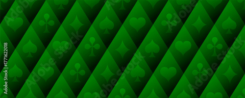 Playing card suits seamless pattern. Royal green background with spades, hearts, diamonds, and clubs. Vector poker style wallpaper. Suitable for gambling and casino advertising