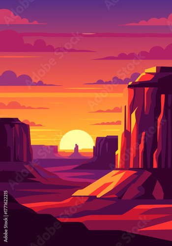 Vibrant vector illustration of a desert canyon landscape at sunset, a scenic American West travel poster design
