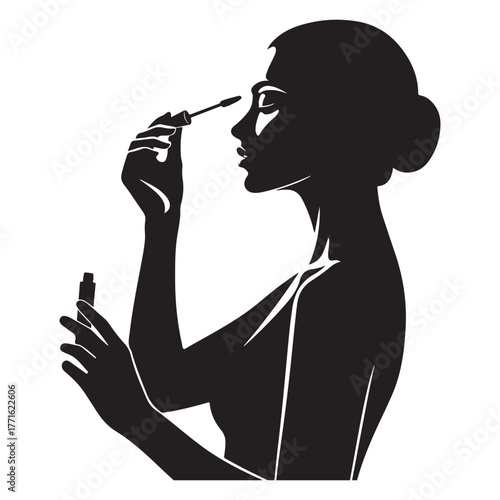 Woman Applying Mascara Silhouette With Makeup Brush And Mascara Tube vector illustration