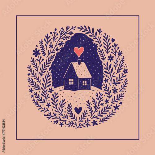 Cozy House with Heart in Floral Wreath. Folk art winter illustration of a small home surrounded by branches, leaves, and flowers, symbolizing warmth, love, and comfort — perfect for postcards, prints,