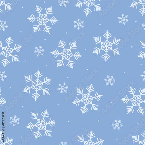 Snowfall snowflakes seamless pattern. Winter texture and background. Christmas and new year pattern for wrapping, wallpaper, cover, textile. Colored flat vector illustration