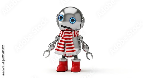 Adorable metallic robot friend wearing festive scarf and boots ready for winter fun
