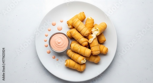 A top view of tequeños with dipping sauce on a white plate against a white surface background studio shot