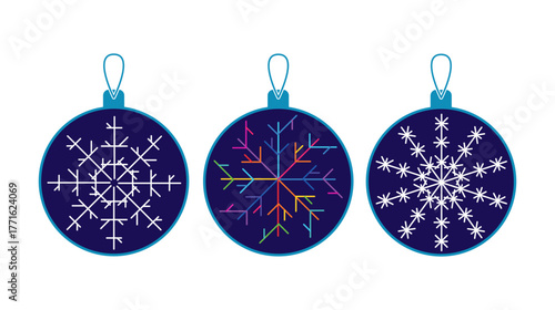 New Year's toys with snowflakes, holiday decorations, glass Christmas toys with string for the New Year tree