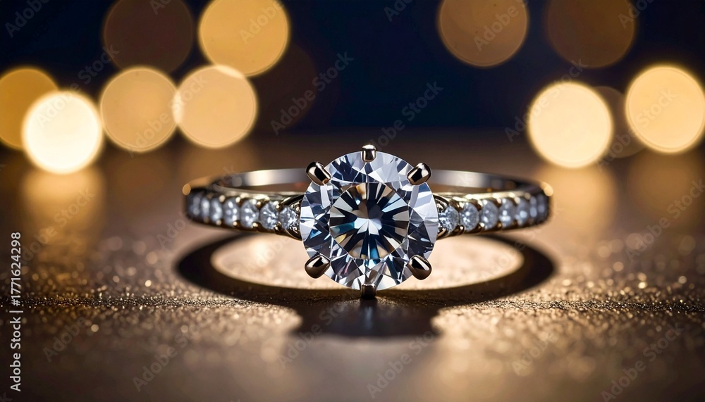 Fototapeta premium Elegant Diamond Ring on Glittering Surface Bokeh Background Represents Love Romance and Commitment.