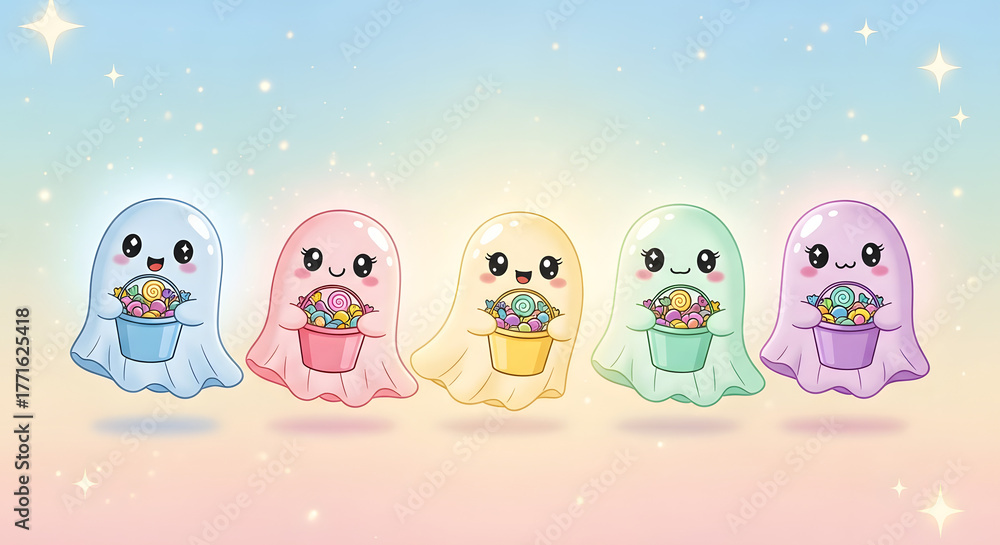 Obraz premium Cute Pastel Halloween Ghosts with Candy Buckets on a Sparkling Background
