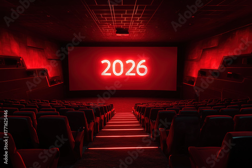 celebrate 2026 on movie screen theater display, kino, new years day eve, silvester, photorealistic