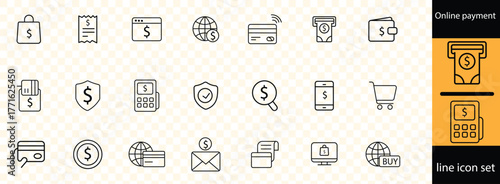 online payment related icons set. Including cash, wallet, card, transfer, bill, finance, ATM, and currency. Editable stroke