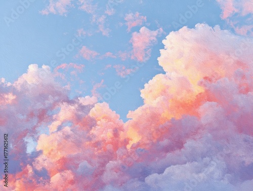 Impressionistic Painting Style Cloudscape, Soft Pastel Pink Orange Clouds Pale Blue Sky, Artistic Brushstroke Texture, Calm Abstract Background View