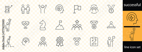 Successful business development linear icon collection. Containing achievement, successful, strategy, winner, teamwork, goal, brainstorm