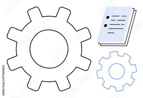Gear and checklist elements convey concepts of system efficiency, task management, and workflow strategies. Ideal for teamwork, planning, engineering, productivity, technology, organization simple