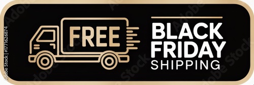 Black Friday Free Shipping Banner — 3D Glossy Black & Gold Badge with Truck Icon, Horizontal E‑commerce Hero Header