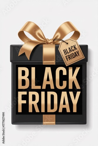 3D Luxury Black & Gold Gift Box with Satin Bow — Black Friday Banner on White Background, Ecommerce Hero Image