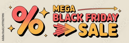 Black Friday 3D Pop Art Sale Banner — Bold % Typography, Coral & Yellow, Wide Hero Ad