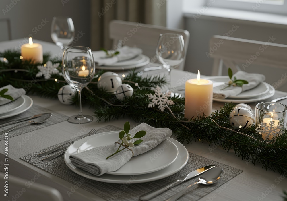 Fototapeta premium Elegant dining table set for a festive winter celebration with candlelight and greenery