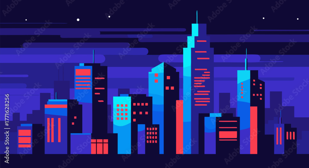 Fototapeta premium Vibrant Cityscape at Night Abstract Vector Illustration of Modern Urban Skyline