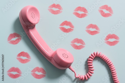 Charming pink retro telephone handset surrounded by romantic lipstick kiss marks creates a nostalgic Valentine's Day communication scene on a soft blue background