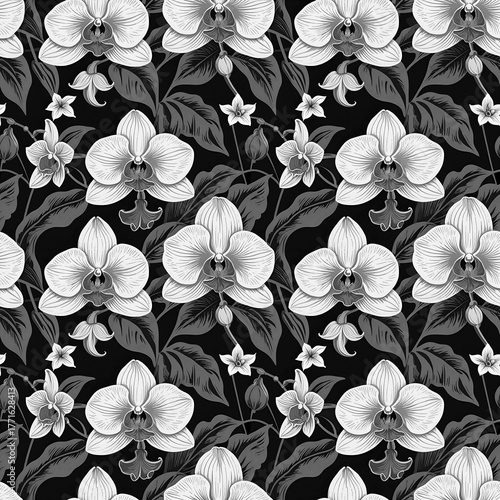 Seamless floral black and white orchid pattern. Orchid flowers illustration background. Exotic tropical print. Black and white floral seamless pattern.
