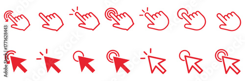 Hand cursor icon set. click icon vector. hand click pointer, Mouse click cursor icon. Hand pointer clicking finger vector icon set. Mouse cursor set. Arrows web cursors, digital hand pointers. Arrow 