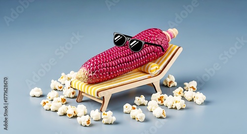 Funny Red Corn with Sunglasses Relaxing on Deck Chair Surrounded by Popcorn